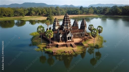 Vertical drone ascends over Neak Poan Temple island and lake in Angkor Thom near Siem Reap