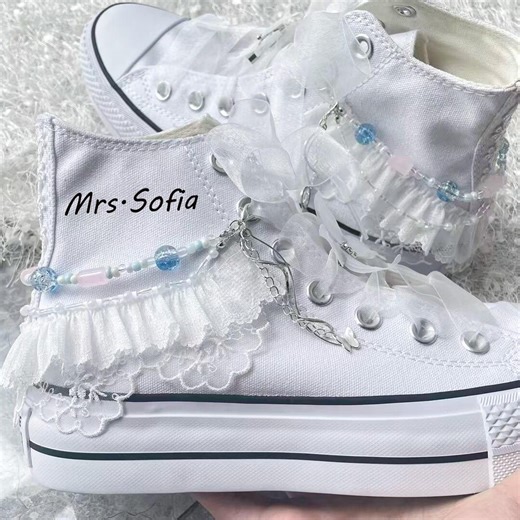 Custom Lace Bridal Sneakers With Beaded Charm, Blue White Wedding Shoes for Bride, Platform Bridal Trainers, Cute Reception Shoes - Etsy