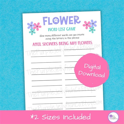 Word List Game Printable Flower Activity for Kids & Adults, How Many Words Can You Make Game, Spring Classroom Worksheet, Floral Party Idea