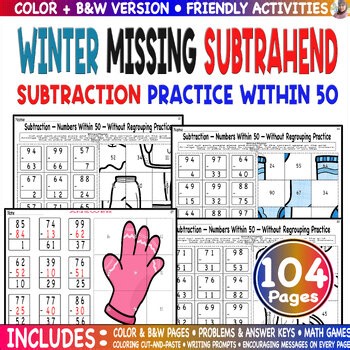 Winter Subtraction Color Code Picture Missing Subtrahend to 50 Mystery Picture