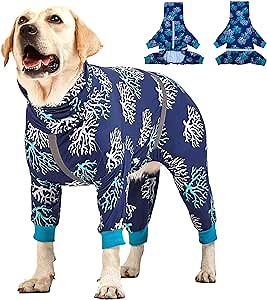 LovinPet Dog Pajama for Dogs, UV Protection, Wound Care, Anxiety Relief, Lightweight Stretchy Fabric, Reflective Stripe, Coral Tree Print, Post Surgery Clothes, Pet PJ's, Pitbull Onesie, XL