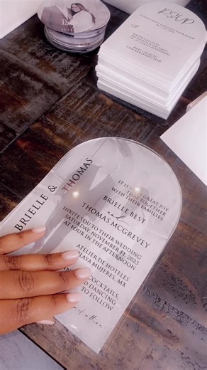 Weddig Invitations #destinationwedding #interacialcouple #blackandwhite #moderntheme #mexicobride #2023bride #thebestbecomesmcgrevey #love #bride #acrylicinvites