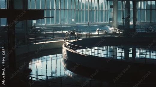 Water filtering infrastructure featuring circular tanks and reflecting pools, highlighting the essential process of purification and sustainability within a large scale industrial environment