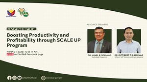 Want to learn more about the Sustainable Community-based Action R4DE for Livelihood Enhancement, Upliftment, and Prosperity (SCALE UP) Program? Let us explore the path towards sustainable development through the convergence of technologies, community participation, and capacity development on our 𝗥𝗲𝘀𝗲𝗮𝗿𝗰𝗵 𝗧𝗮𝗹𝗸𝘀 episode at 𝟭𝟬 𝗮𝗺, on 𝗠𝗮𝗿𝗰𝗵 𝟯𝟭, 𝟮𝟬𝟮𝟱! Stay tuned for insightful discussions and valuable information on “𝗕𝗼𝗼𝘀𝘁𝗶𝗻𝗴 𝗣𝗿𝗼𝗱𝘂𝗰𝘁𝗶𝘃𝗶𝘁𝘆 𝗮𝗻𝗱 𝗣𝗿𝗼