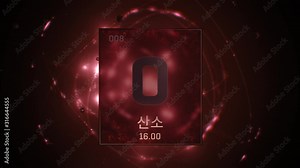 Oxygen as Element 8 of the Periodic Table. Seamlessly looping 3D animation on red illuminated atom design background orbiting electrons name, atomic weight element number in Korean language