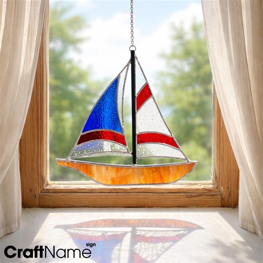 Sailboat Stained Glass Suncatcher, Handmade Nautical Window Decor for Beach House or Lake Cabin - Etsy