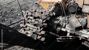 Caterpillar of a tank blown up on a mine Stock Video