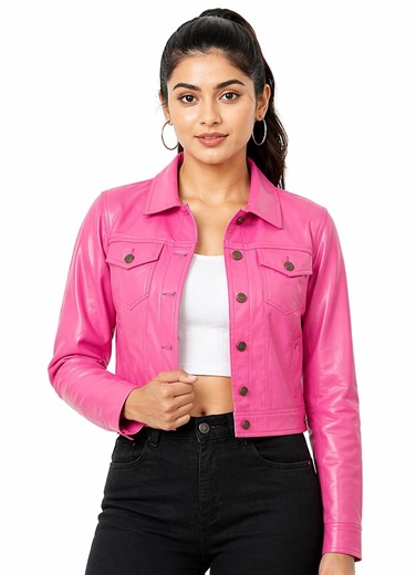 Women's Pink Leather Cropped Jacket – Button Front Spread Collar Outerwear