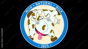 Cartoon cow in a round sign on a transparent background.