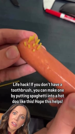 Whitney DiFoggio on Instagram: "if you don’t have a toothbrush… do NOT put spaghetti on a hot dog LOL I know this is a joke, but my dental hygienist heart is racing. for real though, please just go to the dollar store and grab a 10-pack of toothbrushes instead of doing… whatever this is 🫠🦷 #toothbrush #dentistry #dentalhygienist #why"