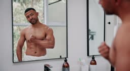 Man, mirror and muscle flex in bathroom for fitness results with...