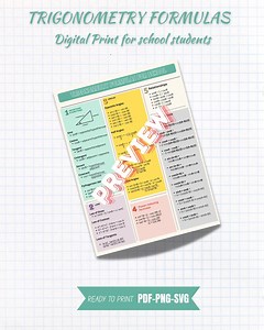 Trigonometry Formulas Poster: High School Math Cheat Sheet (digital Download - Etsy