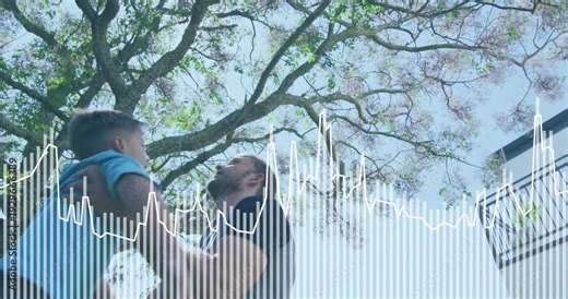 Dad stepping closer holding son lifting him high under tree audio waveform overlay for parenting ad