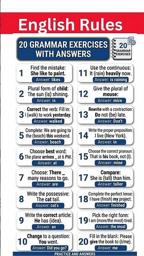 20 Grammar Exercises with Answers | English Grammar Practice Test for Beginners & Intermediate #esl