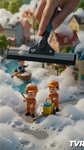 A giant sea of soap foam… one tiny town… and five fearless cleaners. 🏘️