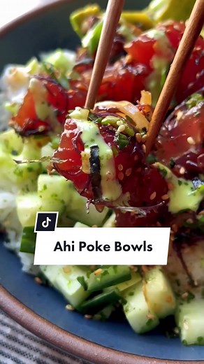 ✨AHI TUNA POKE BOWLS✨ Making a real-deal poke bowl at home couldn’t be easier. I start with my mom’s classic shoyu poke recipe, which you can make with salmon or ahi tuna (my fave). Let it soak up a flavorful shoyu marinade, then pile it over warm rice. In Hawai’i, poke bowls are simple as that – but at my house we like to add on crunchy cucumber, creamy avocado, LOTS of furikake, & a little punchy wasabi mayo. ⁠ ⁠ Perfectly balanced flavor & just one bite will transport you straight to Hawai’i!