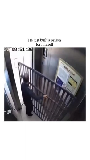 guffvibes on Instagram: "This video is a humorous and ironic clip often shared on social media. Here is a breakdown of what happens in the video: Summary of the Video The video shows a man in what appears to be an elevator lobby or a parking structure. He is seen pulling a large metal security gate directly in front of the elevator doors. As the elevator doors close, he remains behind the gate, essentially locking himself in a small enclosure between the gate and the elevator. The text overlay o