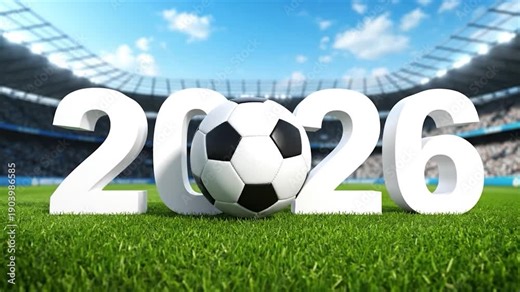 A soccer ball rests between 3D white numerals spelling "2026" on a grassy field, with stadium background