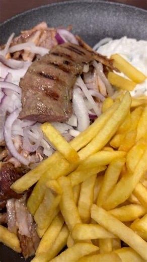 Fries Meat Gyros & Tzatziki Recipe Greek Cucumber Yogurt Sauce #satisfyingvideo #gyros #meat #viral