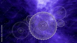 Imaginary travelling through time and space. Deep space, blue nebula, star fields and ancient nautical instrument. Vintage motion background. Animation, abstract illustration, seamless loop