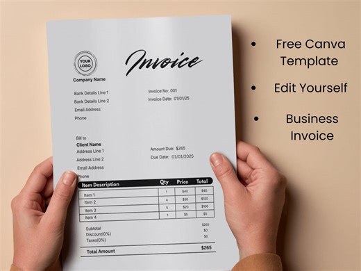 Editable Invoice Template Canva | Modern Minimal Business Invoice | Professional Invoice PDF | Small Business Billing | Printable Invoice - Etsy