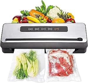 Food Vacuum Sealer Machine, 80KPA Food Saver Vacuum Sealer Machine with Dry/Moist/Seal Mode, Automatic Air Sealing with Build-in Cutter,EXT-VAC,Suction Hose,10Bags, Black