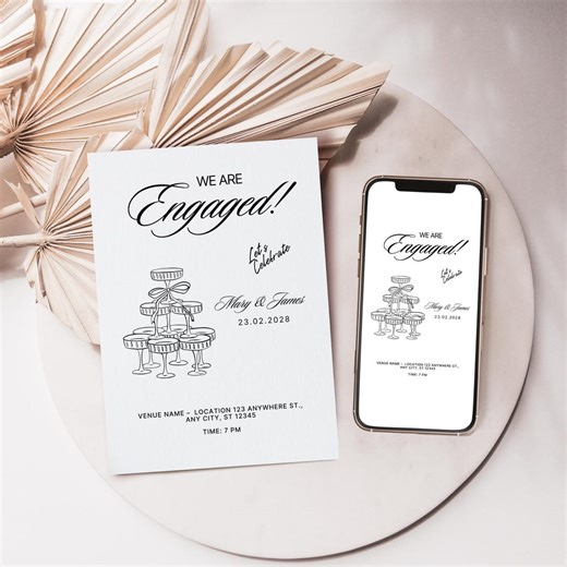 Classic Engagement Party Invitation Template, Black White Champagne Tower Digital Invite, Wedding Countdown Invitation - Etsy