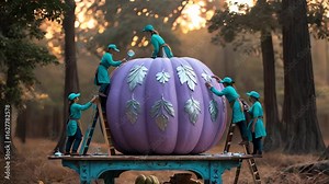 Footage captured at golden hour shows tiny workers dressed in teal decorating a giant lavender pumpkin in a forest clearing. They climb ladders and paint glowing silver patterns while perched on a wea