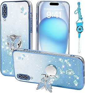 for Samsung Galaxy A70 Phone Case,for Galaxy A70s Mobile Phone Case for Women and Girl, Glitter Butterfly Floral TPU Protective Cover with Kickstand+Strap for Samsung A70 (Blue)
