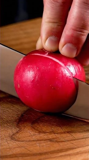 Flawless Radish Sliced Open on Wooden Cutting Board – Chef’s Knife Photography