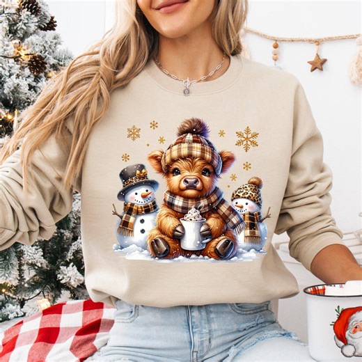 Christmas Sweatshirt, Snowman Highland Cow, Cozy Winter Pullover - Etsy