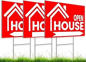 3X Double Sided 12x16 Open House Sign for Real Estate Agent Supplies for Sale Plastic Signs with H Wire Stakes - Realtor Supplies for Sent Houses for Sale Yard Sign - Moving Sale Directional Signs Kit