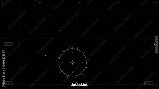 Military hud interface for war and scifi videos shows radar and target tracking elements in dark color scheme