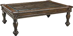 Ashley Furniture Signature Design - Mantera Coffee Table - Cocktail Height - Rustic Style - Rectangular - Dark Brown with Beveled Glass Top