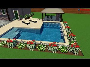 "L" shaped pool with swim up bar and sunk in outdoor living