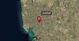 Global Map Zoom to Jeddah, Saudi Arabia Location Pin