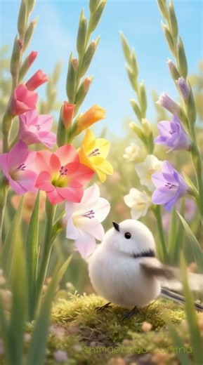 シマエナガ🌸8月の誕生花グラジオラス✨パタパタしたら下から順番に咲いたピヨ✨💫