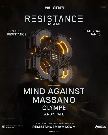 RESISTANCE on Instagram: "RESISTANCE Miami moves deeper on January 10 with @mindagainst, @massanomusic, @olympe__official, and @andy.pate at @m2_miami. Tickets & Tables ➡️ https://resistancemiami.com/tickets/january-10/"