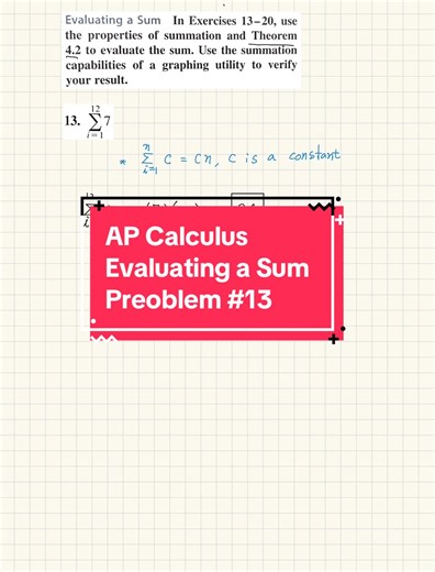 AP Calculus: Evaluating a Sum-use the properties of summation and Theorem 4.2 to evaluate the sum. This problem is from the textbook CALCULUS for AP by Ron Larson & Paul Battaglia. #apcalculus #calculus #apcalexam #apexam #exam #apcalculusexam #mathstrick #mathtrick #math #mathstricktiktok #mathproblem #maths #수학 #미국수학 #미분적분