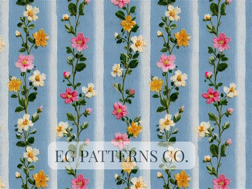 French Country Blue Floral Stripe Seamless Pattern – Romantic Cottage Garden Wallpaper and Fabric Design, Soft Blue Pattern for Scrapbook - Etsy