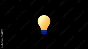 Light bulb idea animation - Flat design vector lightbulb popping up, bouncing and turning on with glowing yellow light. Creativity design element animated on transparent alpha channel background
