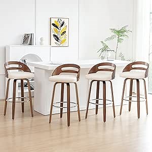 Counter Stools Set of 4, Counter Height Bar Stools with Walnut Crafts, Bentwood Curved Back, Upholstered Faux Leather, Soft Cushion Seat, Swivel Counter Chairs for Island/Pub (Beige, 26" Seat Height)