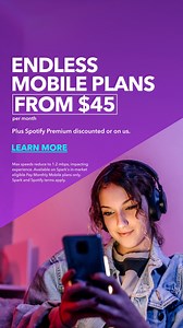 Grab a Spark Endless Mobile plan today, with plans starting from $45 per month. Plus Spotify Premium discounted or on us. T&C’s: Allocated data at max speed, then speeds reduce to 1.2mbps, impacting experience. Available on eligible Pay Monthly plans only. Spark & Spotify terms apply. | Spark | Facebook