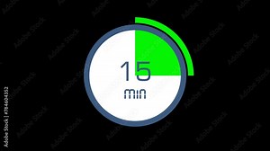 Animated countdown timer 0 to 15 minute and then counting down 15 to 0. clock, stopwatch, video motion animation isolated on alpha channel background. Stock Video