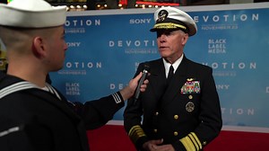 Vice Adm. Kenneth Whitesell, Commander, Naval Air Forces #airboss, Tom Hudner III (Capt. Thomas Hudner’s son), Jessica Knight Henry (Ensign Jesse Brown’s granddaughter), and the author and stars of DEVOTION shared a red carpet at the Regency Village Theatre in Los Angeles for the film's Hollywood premiere. DEVOTION premieres in theaters worldwide, Nov. 23, and advance screenings will be held at U.S. military facilities in the U.S., Japan and Korea. U.S. Navy, U.S. Pacific Fleet, Naval Aviation E