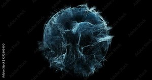 Abstract fluid, plasma sphere. particles flowing around sphere, magnetic lines. Turbulent clouds, dust , water burst swirling around ball. Perfect for overlay and logos. 4K seamless loop, 3D render