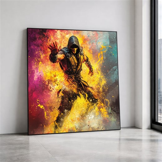 Fiery Warrior Canvas Wall Art, Dynamic Hooded Fighter Painting, Intense Action Scene, Vibrant Abstract Flames, Modern Home Canvas Print Art - Etsy