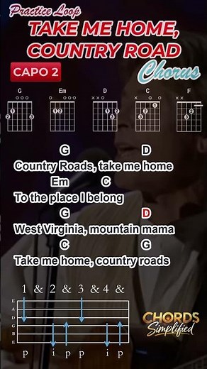 Take Me Home, Country Road - John Denver 🎸 Chorus Chords (Practice Loop) | Easy Guitar