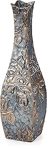 Elements Embossed Pewter Floral Metal Vase-Table Centerpiece Farmhouse Home Décor for Dried Flower and Artificial Floral Arrangements, Living Room Décor, Bedroom Décor, Decorative Vase, 17-Inch