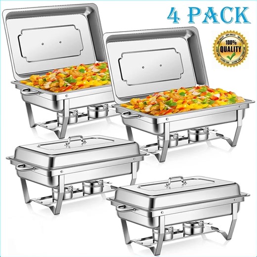 BAOKALER 9QT Chafing Dish Buffet Set with 4 Food Tongs , Foldable Full Size Buffet Server Food Warmer, Stainless Steel Catering Supplies for Party, Banquet, Caterying, Rectangular, Silver, 4 Pack